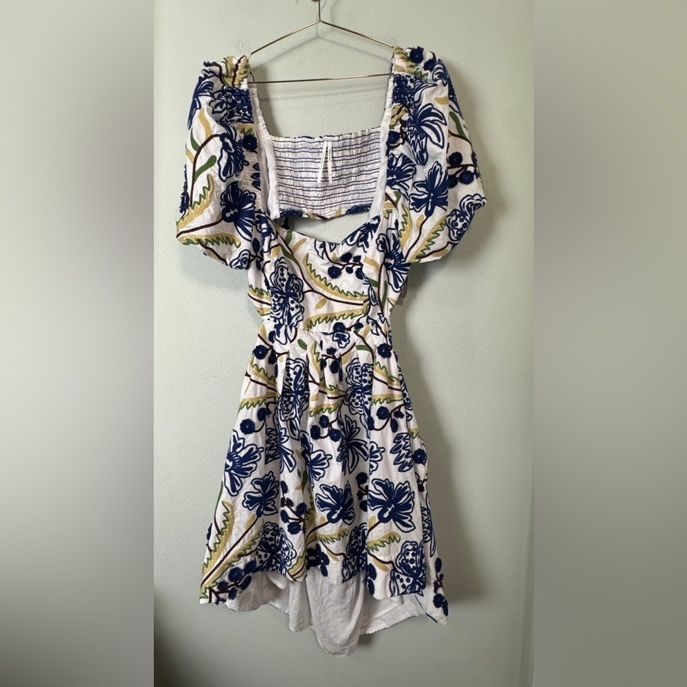 By Anthropologie Puff-Sleeve Babydoll Mini Dress Floral Embroidery Cutout 3X NEW